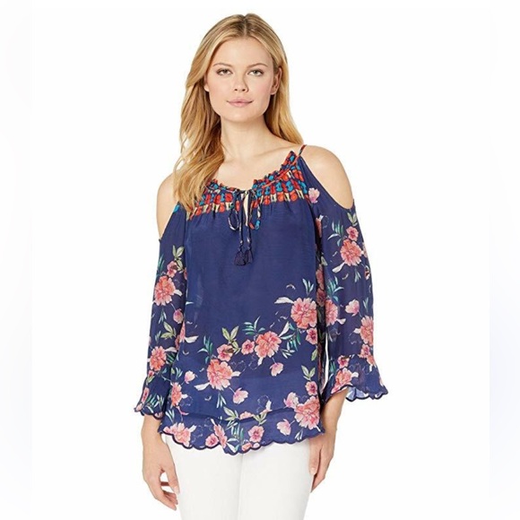 Johnny Was Tops - Johnny Was Bohemian Flowy Navy Floral Cold Shoulder Blouse Tropical Rayon Beachy